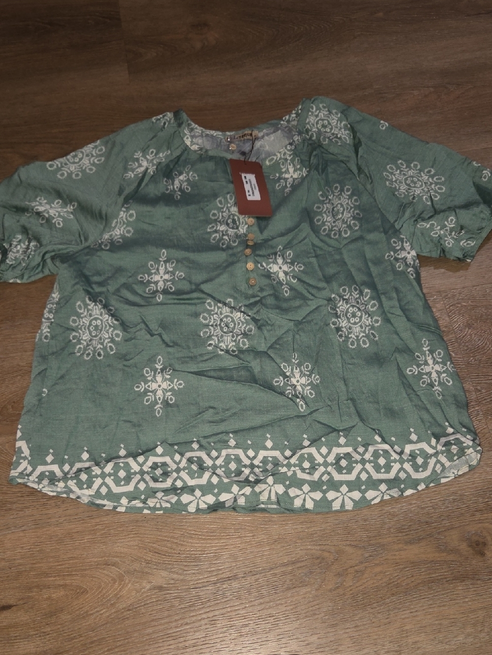 Embroidered Short-Sleeve Boho Blouse in Sage Green